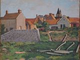 tableau représentant un village avec un mur de pierre et une clôture au premier plan