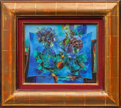 une peinture à l'huile représentant des fleurs dans un vase, dans un cadre doré