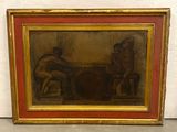 an old painting of a man and a woman sitting in a chair