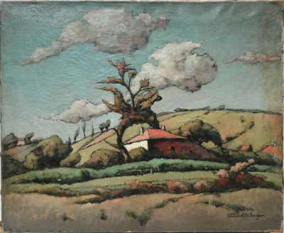 an image of a painting of a tree on a hill