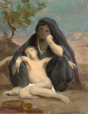 une image représentant un tableau où l'on voit une femme assise par terre à côté d'un bébé