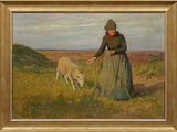tableau représentant une femme nourrissant un mouton dans un champ, avec le ciel en arrière-plan