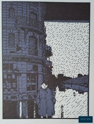 a drawing of a woman walking in the rain