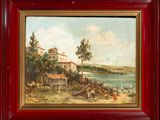 a painting of a house on the shore with a boat in the water