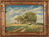 une peinture à l'huile représentant un paysage avec des arbres et un chemin de terre