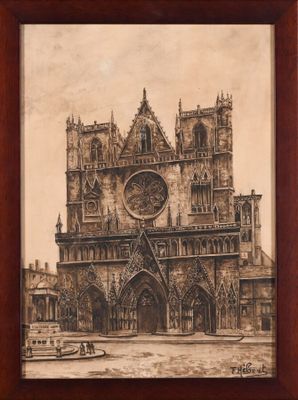 tableau représentant une grande cathédrale avec une horloge sur sa façade