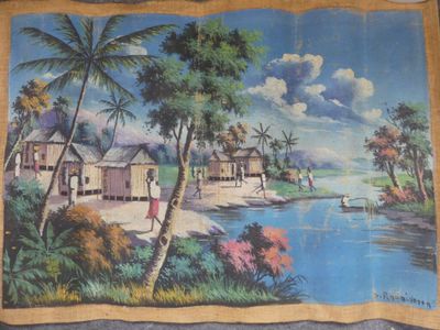painting of a village by a river with a man on a boat