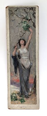 an old painting of a woman holding a branch of a tree