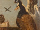 painting of a group of birds in a landscape with a bird in the foreground