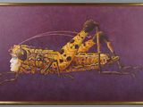 painting of a grasshopper on a purple background with a gold frame