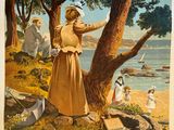 an old poster of a woman standing under a tree by the water