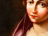 painting of a woman in a green dress with a pink headdress
