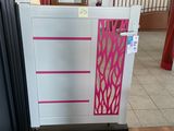 a white refrigerator with a pink design on the door