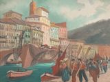 a painting of a group of people walking on the beach