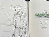 a drawing of a man standing in front of a book