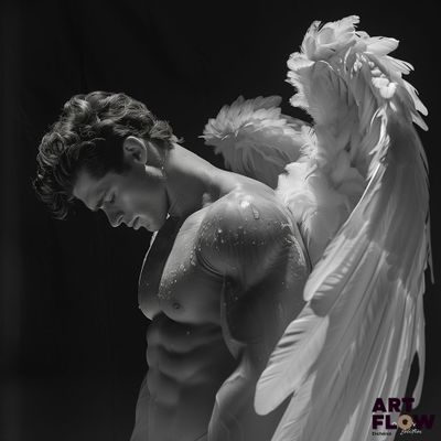photographie en noir et blanc d'un homme avec des ailes d'ange dans le dos