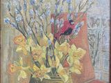 a painting of flowers in a vase on a table