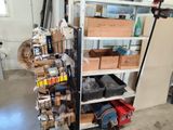 a rack with many boxes on it in a garage