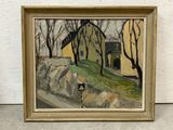 painting of a person walking down a road with a yellow house in the background