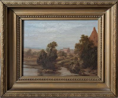 une peinture d'un paysage avec une rivière au premier plan