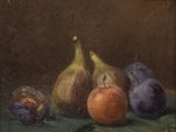 painting of a still life of fruit and vegetables on a green cloth