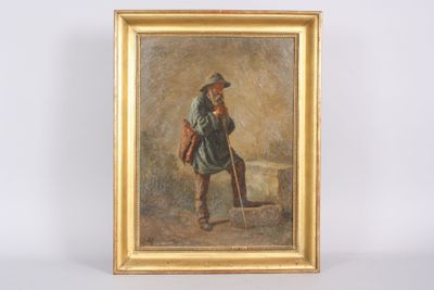 an oil painting of a man with a cane and a hat