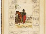 an old book with a drawing of a man on a horse