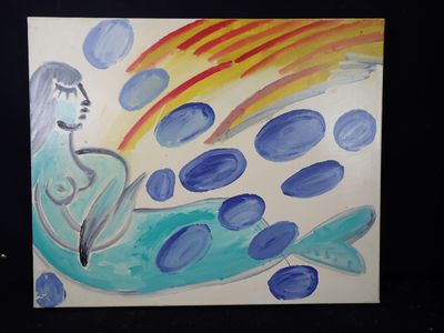 un tableau représentant une femme assise sur un poisson