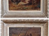 paire de peintures à l'huile françaises du XIXe siècle représentant des poules et des coqs