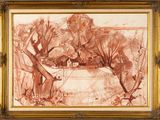an image of a drawing of a landscape with trees and a house