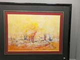 l'image d'un tableau représentant un paysage avec des arbres en arrière-plan
