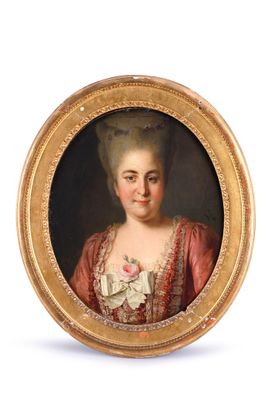 portrait of a lady in a pink dress with a rose in her hair