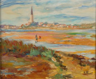 une peinture à l'huile représentant deux personnes marchant sur une plage au bord d'un plan d'eau