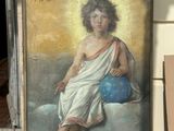 a picture of a painting of a woman sitting on a cloud