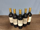 six bottles of wine are lined up on a wooden table