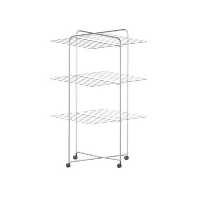 a white three tiered shelf with wheels on a white background