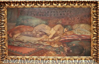 tableau représentant une femme endormie sur un lit, accompagnée d'un chien