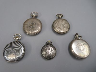Cinq montres de poche ou de col en argent 800/1000, divers modèles, di - Photo 1