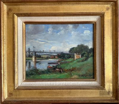 une peinture à l'huile représentant un pont enjambant une rivière, avec des bateaux au premier plan