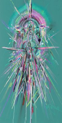 abstract painting of a person on a cross with a blue background