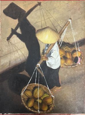 un tableau représentant une femme portant un panier de fruits sur le dos