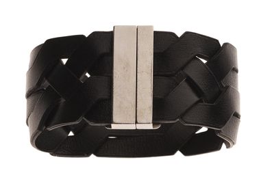 a close up of a black leather bracelet with a metal bar