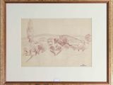 drawing of a horse and rider in a landscape by a river