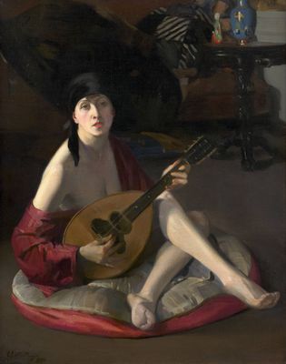 tableau représentant une femme assise sur un coussin, avec une guitare devant elle