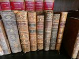 plusieurs vieux livres sont alignés sur une étagère dans une bibliothèque