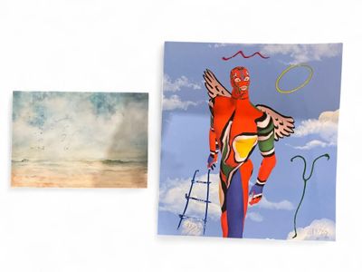 a painting of a man on a surfboard next to a painting of a man on a surfboard