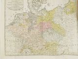 an old map of the country of germany with its borders in pink, yellow, and green