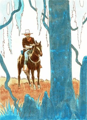 un dessin représentant un homme à cheval dans les bois