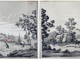two pictures of a painting of people riding horses in a field