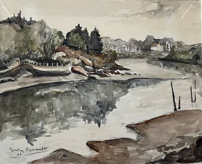 a watercolor painting of a river with boats on it